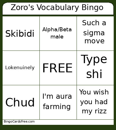 Zoro's Vocabulary Bingo Card 2