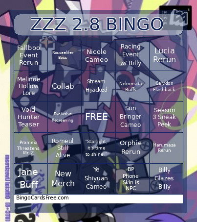 ZZZ 2.8 Bingo Card